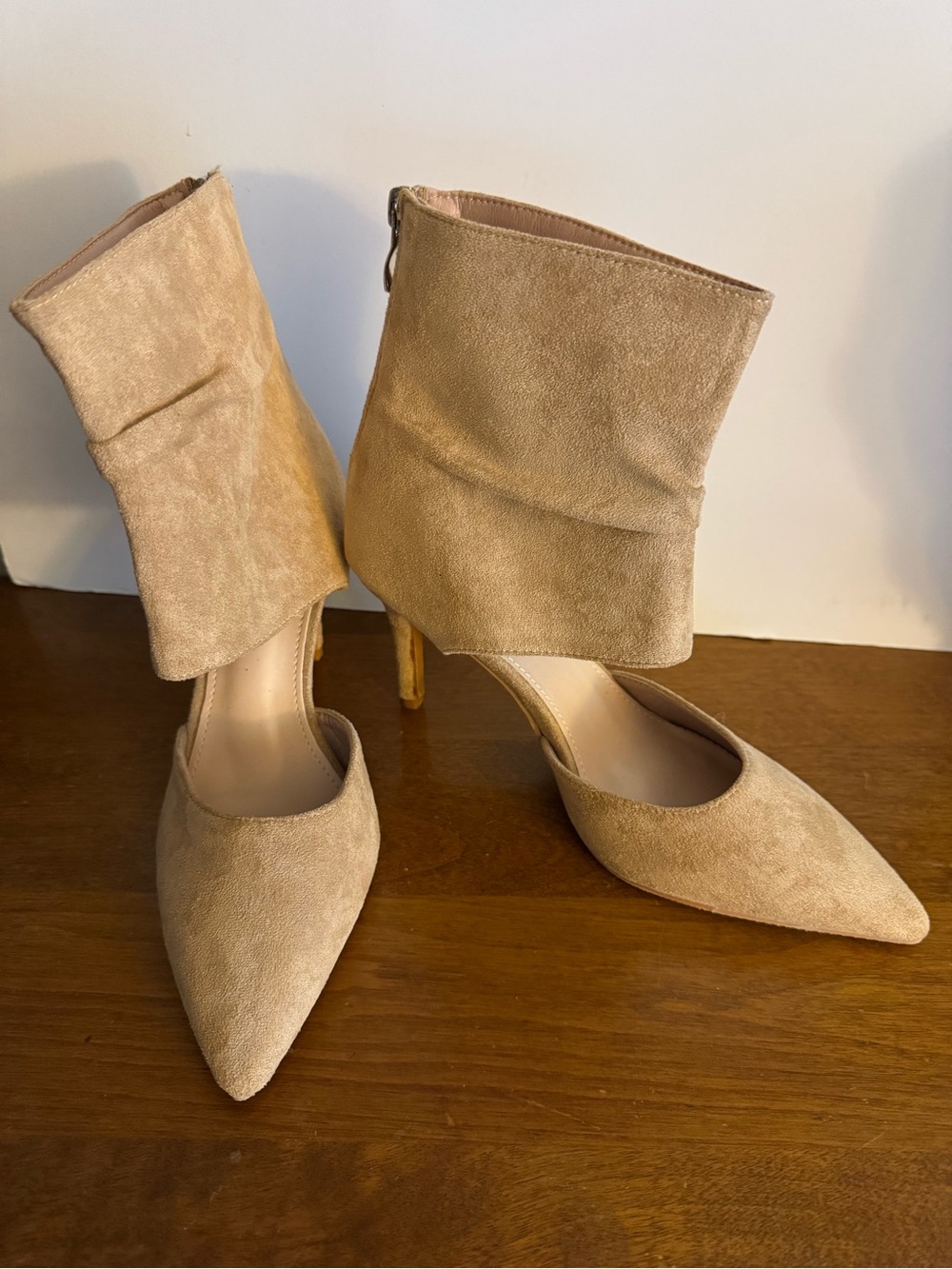 SHEIN Tan Suede Pointed-Toe Fold-Over Ankle Heels
